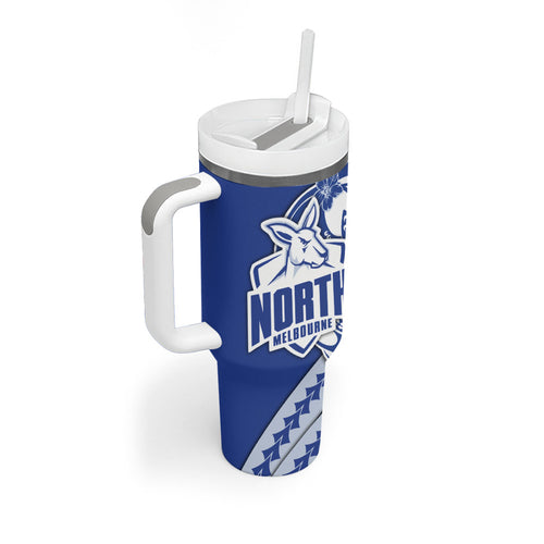 Personalized North Melbourne Kangaroos Tumbler With Handle Polynesian Tribal Kangaroo Mascot With Hibiscus Floral Art