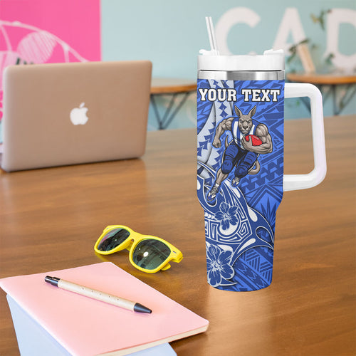 Personalized North Melbourne Kangaroos Tumbler With Handle Polynesian Tribal Kangaroo Mascot With Hibiscus Floral Art
