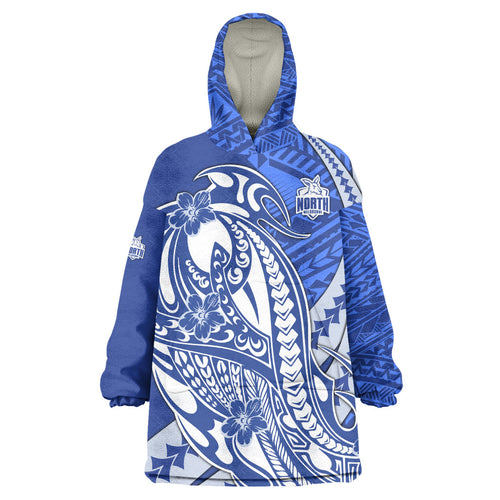 Personalized North Melbourne Kangaroos Wearable Blanket Hoodie Polynesian Tribal Kangaroo Mascot With Hibiscus Floral Art