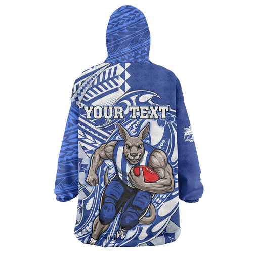 Personalized North Melbourne Kangaroos Wearable Blanket Hoodie Polynesian Tribal Kangaroo Mascot With Hibiscus Floral Art