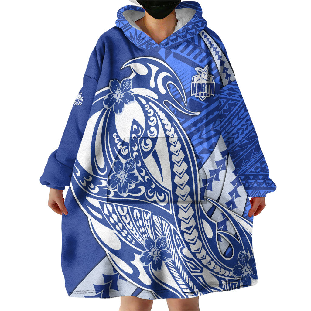 Personalized North Melbourne Kangaroos Wearable Blanket Hoodie Polynesian Tribal Kangaroo Mascot With Hibiscus Floral Art