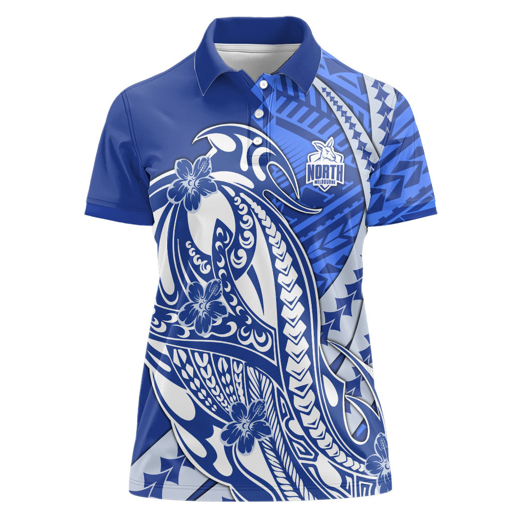 Personalized North Melbourne Kangaroos Women Polo Shirt Polynesian Tribal Kangaroo Mascot With Hibiscus Floral Art