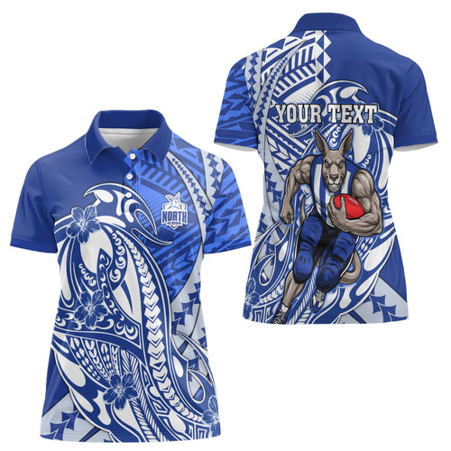 Personalized North Melbourne Kangaroos Women Polo Shirt Polynesian Tribal Kangaroo Mascot With Hibiscus Floral Art