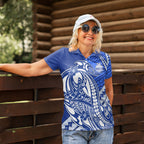 Personalized North Melbourne Kangaroos Women Polo Shirt Polynesian Tribal Kangaroo Mascot With Hibiscus Floral Art