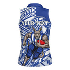 Personalized North Melbourne Kangaroos Women Sleeveless Polo Shirt Polynesian Tribal Kangaroo Mascot With Hibiscus Floral Art