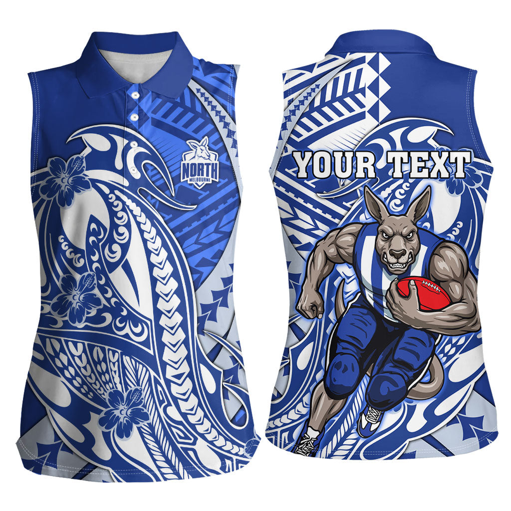 Personalized North Melbourne Kangaroos Women Sleeveless Polo Shirt Polynesian Tribal Kangaroo Mascot With Hibiscus Floral Art