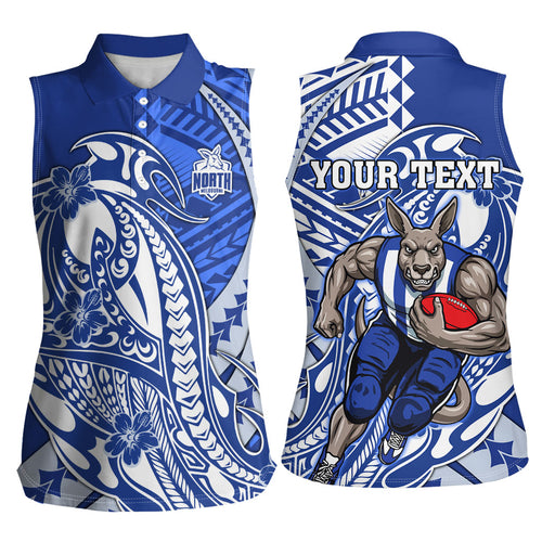 Personalized North Melbourne Kangaroos Women Sleeveless Polo Shirt Polynesian Tribal Kangaroo Mascot With Hibiscus Floral Art