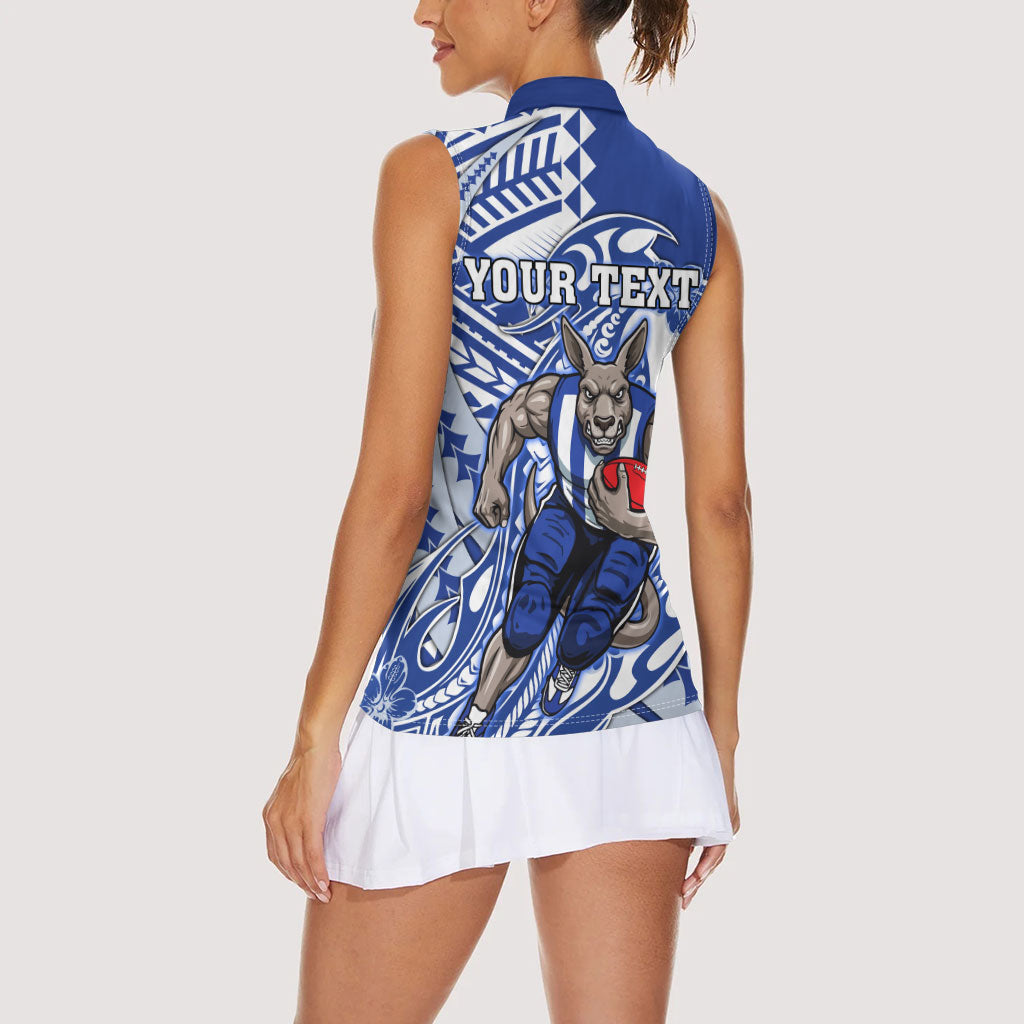 Personalized North Melbourne Kangaroos Women Sleeveless Polo Shirt Polynesian Tribal Kangaroo Mascot With Hibiscus Floral Art