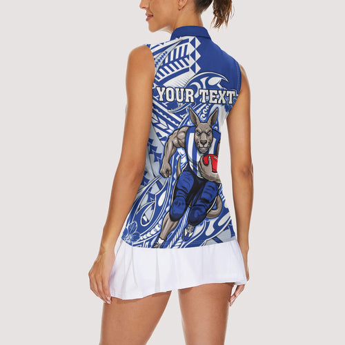 Personalized North Melbourne Kangaroos Women Sleeveless Polo Shirt Polynesian Tribal Kangaroo Mascot With Hibiscus Floral Art