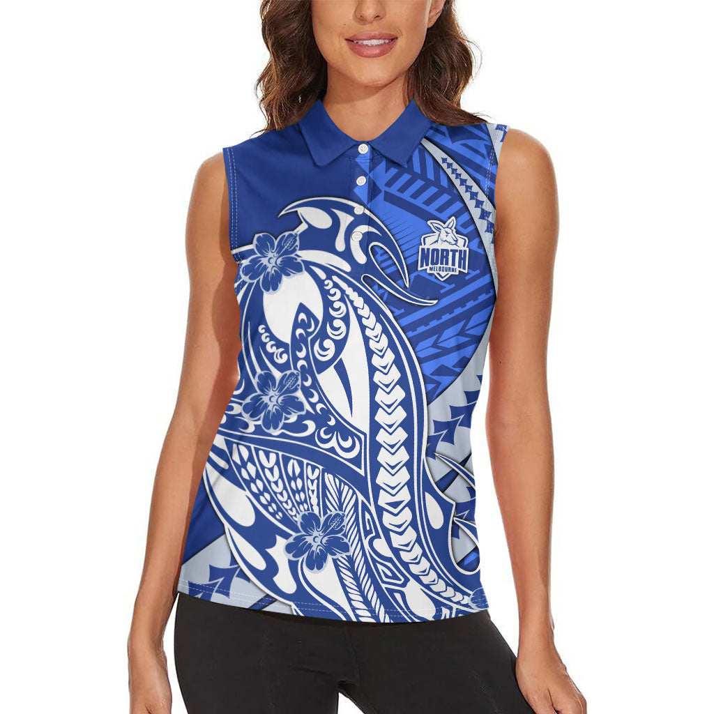 Personalized North Melbourne Kangaroos Women Sleeveless Polo Shirt Polynesian Tribal Kangaroo Mascot With Hibiscus Floral Art