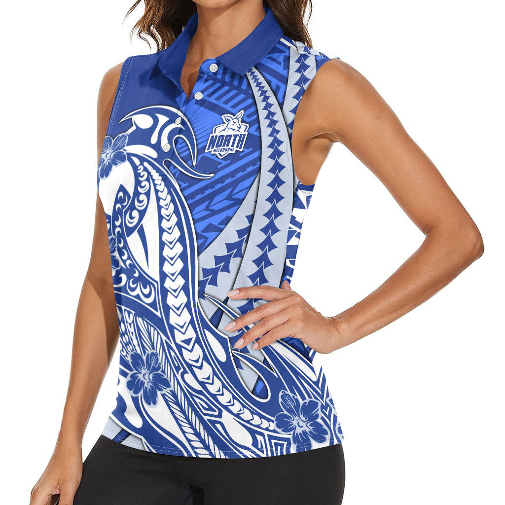 Personalized North Melbourne Kangaroos Women Sleeveless Polo Shirt Polynesian Tribal Kangaroo Mascot With Hibiscus Floral Art
