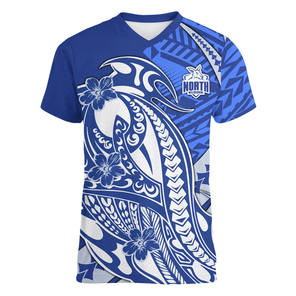 Personalized North Melbourne Kangaroos Women V-Neck T-Shirt Polynesian Tribal Kangaroo Mascot With Hibiscus Floral Art