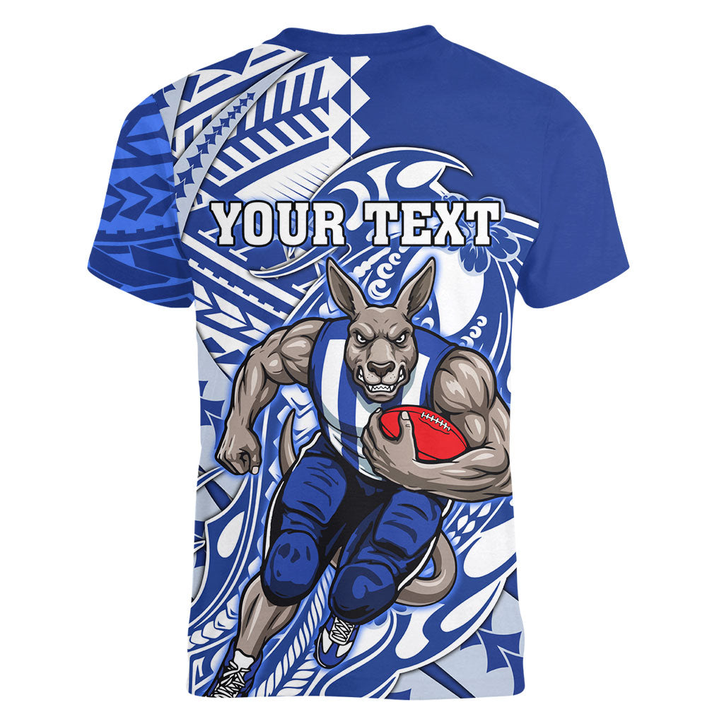 Personalized North Melbourne Kangaroos Women V-Neck T-Shirt Polynesian Tribal Kangaroo Mascot With Hibiscus Floral Art