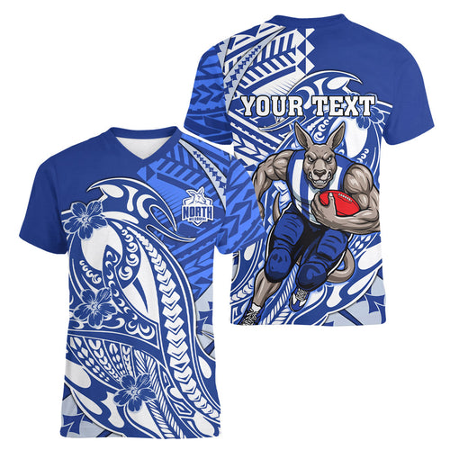 Personalized North Melbourne Kangaroos Women V-Neck T-Shirt Polynesian Tribal Kangaroo Mascot With Hibiscus Floral Art