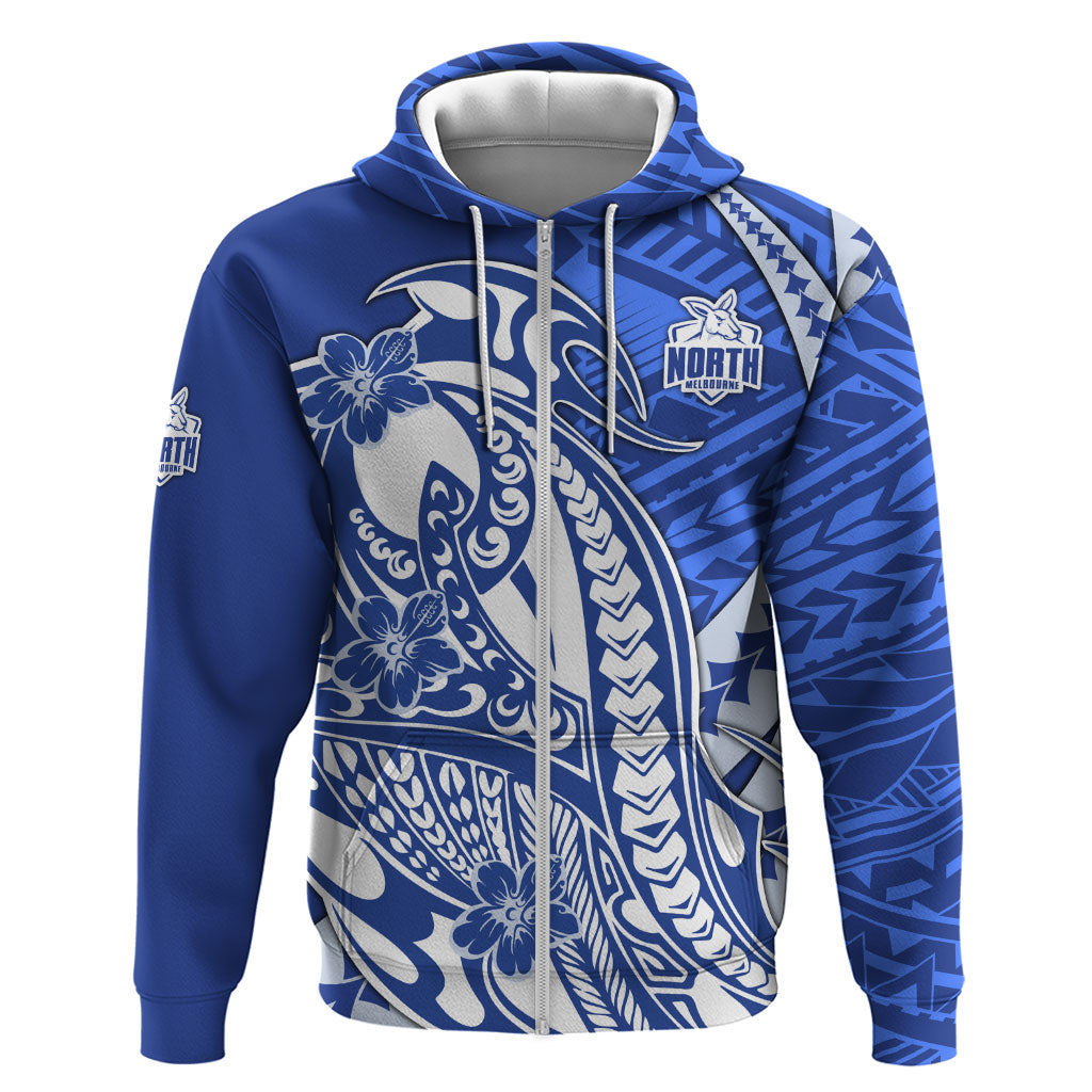 Personalized North Melbourne Kangaroos Zip Hoodie Polynesian Tribal Kangaroo Mascot With Hibiscus Floral Art