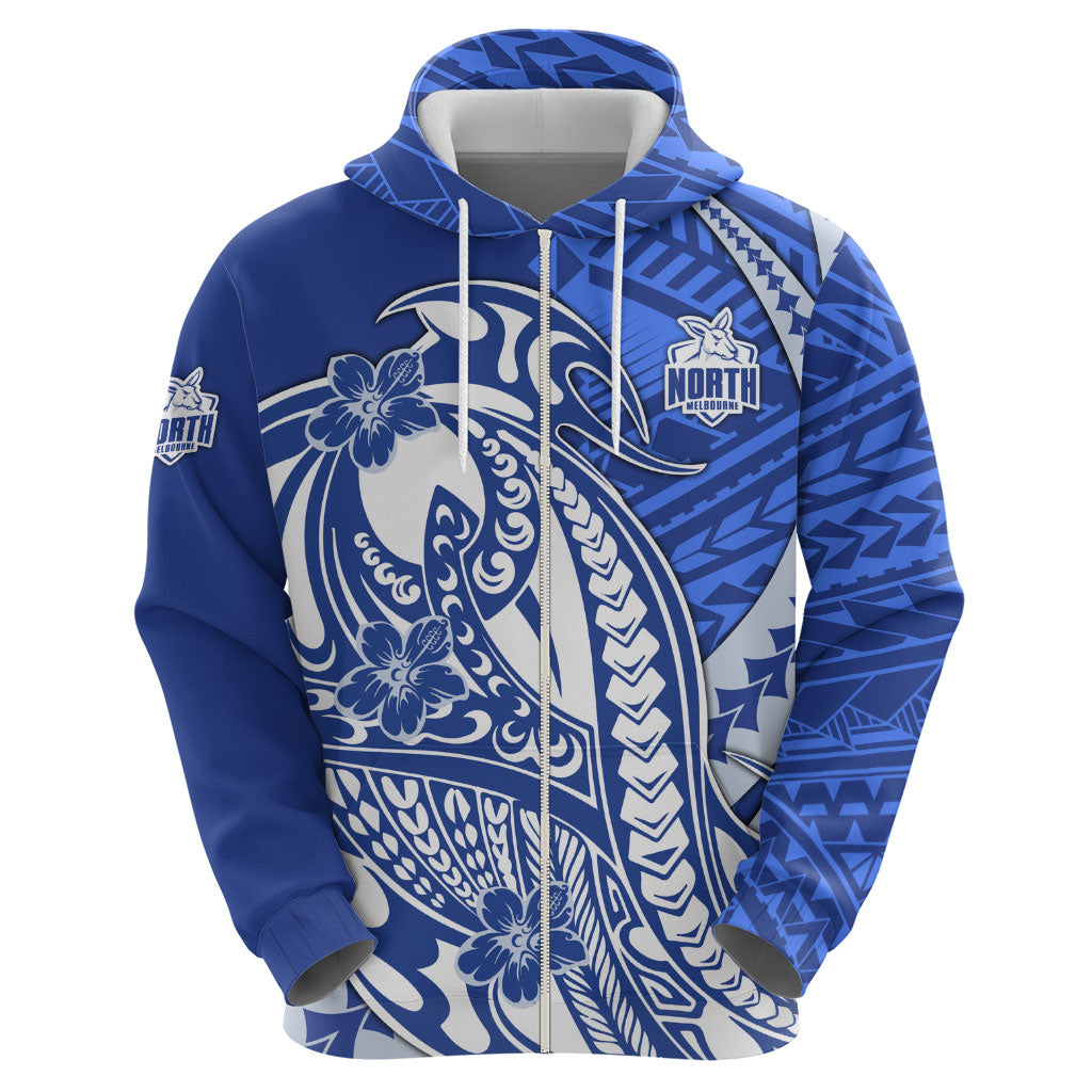 Personalized North Melbourne Kangaroos Zip Hoodie Polynesian Tribal Kangaroo Mascot With Hibiscus Floral Art