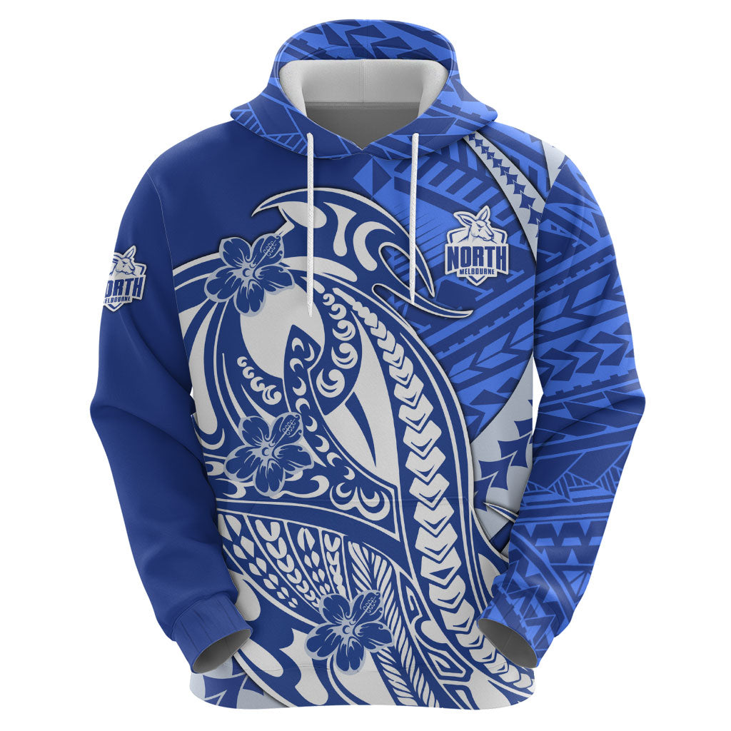 Personalized North Melbourne Kangaroos Zip Hoodie Polynesian Tribal Kangaroo Mascot With Hibiscus Floral Art