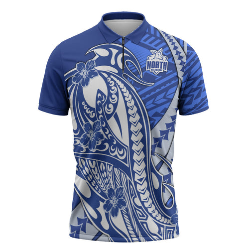 Personalized North Melbourne Kangaroos Zipper Polo Shirt Polynesian Tribal Kangaroo Mascot With Hibiscus Floral Art