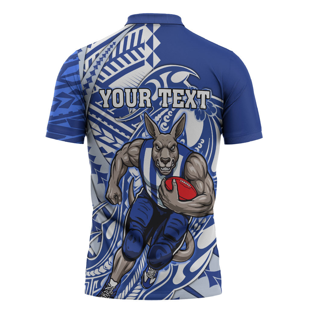 Personalized North Melbourne Kangaroos Zipper Polo Shirt Polynesian Tribal Kangaroo Mascot With Hibiscus Floral Art