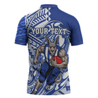 Personalized North Melbourne Kangaroos Zipper Polo Shirt Polynesian Tribal Kangaroo Mascot With Hibiscus Floral Art