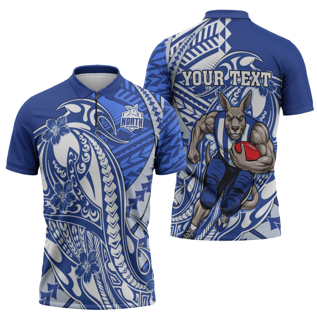 Personalized North Melbourne Kangaroos Zipper Polo Shirt Polynesian Tribal Kangaroo Mascot With Hibiscus Floral Art