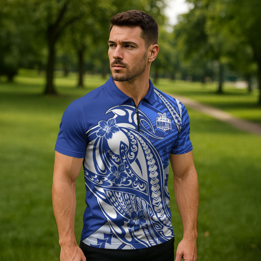 Personalized North Melbourne Kangaroos Zipper Polo Shirt Polynesian Tribal Kangaroo Mascot With Hibiscus Floral Art