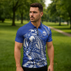 Personalized North Melbourne Kangaroos Zipper Polo Shirt Polynesian Tribal Kangaroo Mascot With Hibiscus Floral Art