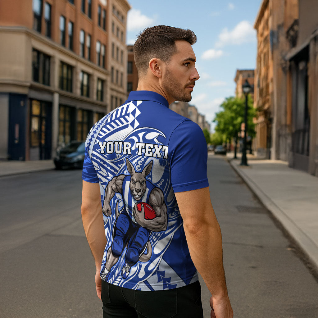 Personalized North Melbourne Kangaroos Zipper Polo Shirt Polynesian Tribal Kangaroo Mascot With Hibiscus Floral Art