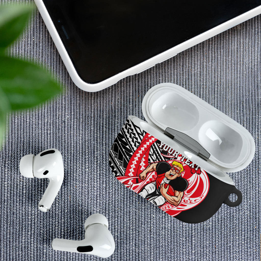 Personalized St Kilda Saints AirPods Case Polynesian Tribal Saint Mascot With Hibiscus Floral Art
