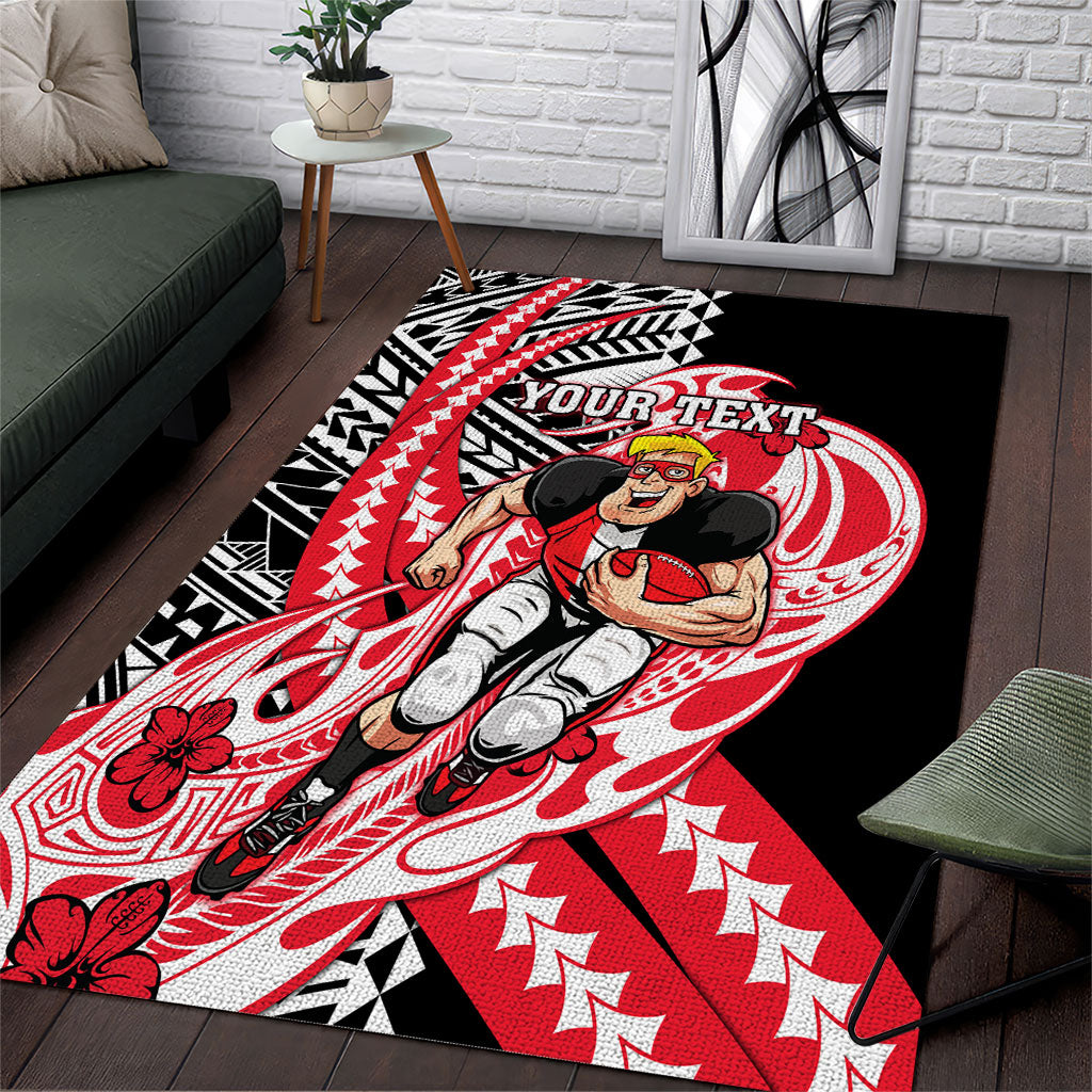 Personalized St Kilda Saints Area Rug Polynesian Tribal Saint Mascot With Hibiscus Floral Art