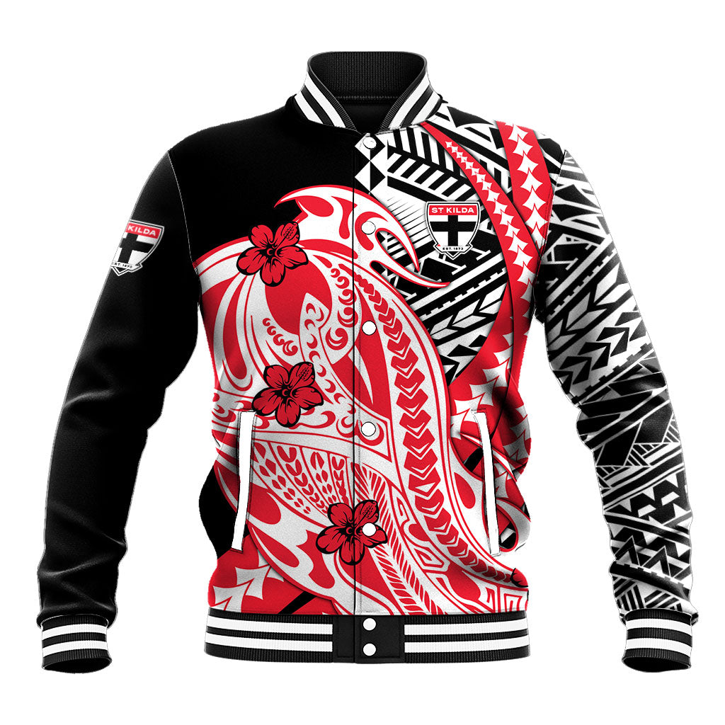 Personalized St Kilda Saints Baseball Jacket Polynesian Tribal Saint Mascot With Hibiscus Floral Art