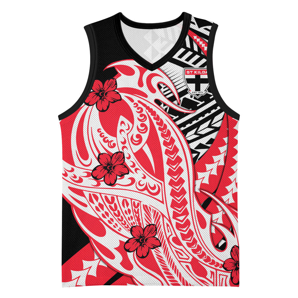 Personalized St Kilda Saints Basketball Jersey Polynesian Tribal Saint Mascot With Hibiscus Floral Art