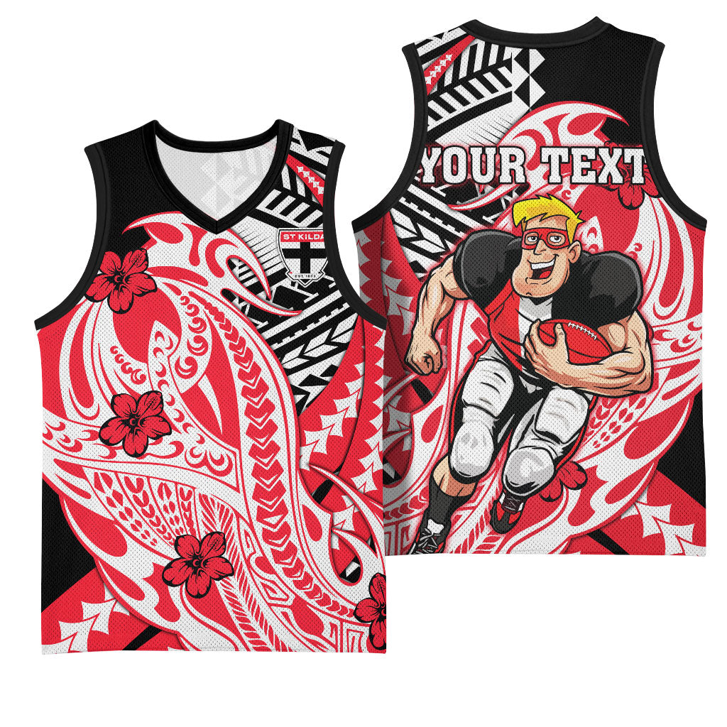 Personalized St Kilda Saints Basketball Jersey Polynesian Tribal Saint Mascot With Hibiscus Floral Art