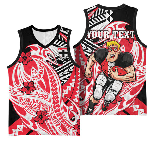 Personalized St Kilda Saints Basketball Jersey Polynesian Tribal Saint Mascot With Hibiscus Floral Art