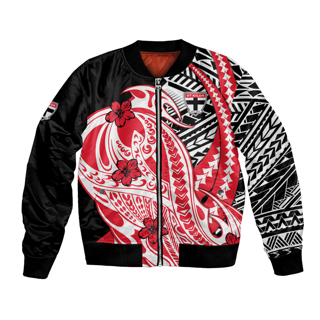 Personalized St Kilda Saints Bomber Jacket Polynesian Tribal Saint Mascot With Hibiscus Floral Art