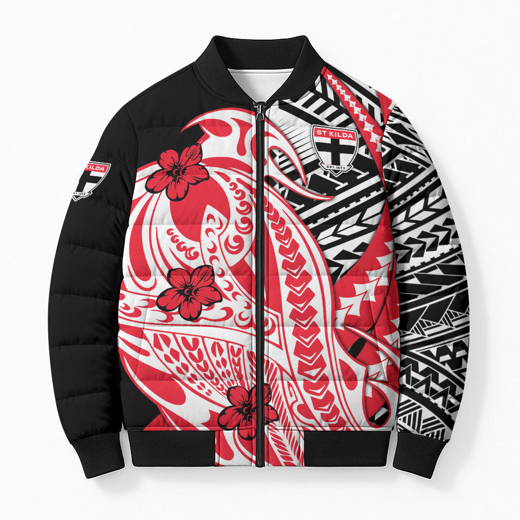 Personalized St Kilda Saints Bomber Puffer Jacket Polynesian Tribal Saint Mascot With Hibiscus Floral Art