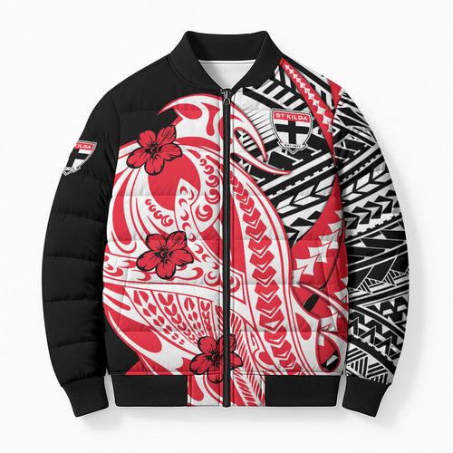 Personalized St Kilda Saints Bomber Puffer Jacket Polynesian Tribal Saint Mascot With Hibiscus Floral Art