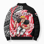 Personalized St Kilda Saints Bomber Puffer Jacket Polynesian Tribal Saint Mascot With Hibiscus Floral Art