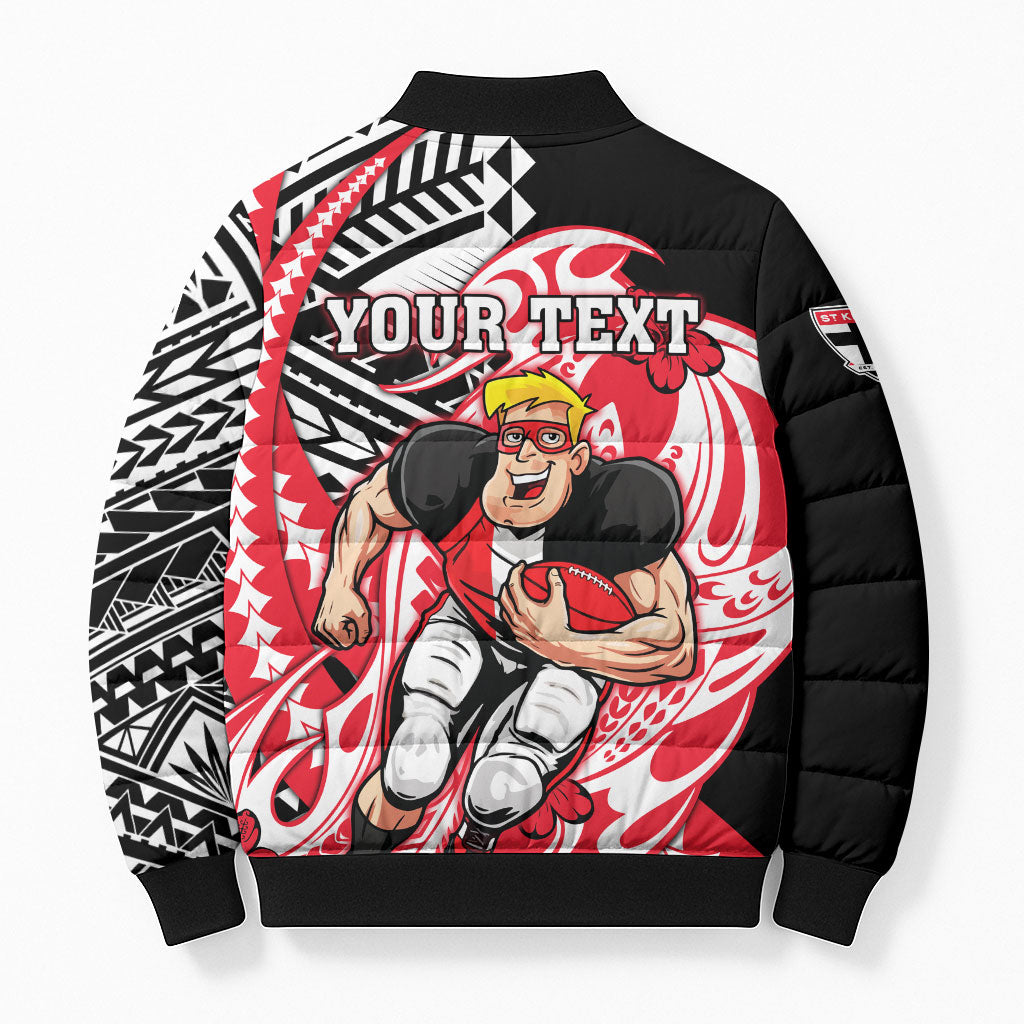 Personalized St Kilda Saints Bomber Puffer Jacket Polynesian Tribal Saint Mascot With Hibiscus Floral Art