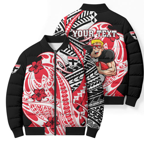 Personalized St Kilda Saints Bomber Puffer Jacket Polynesian Tribal Saint Mascot With Hibiscus Floral Art
