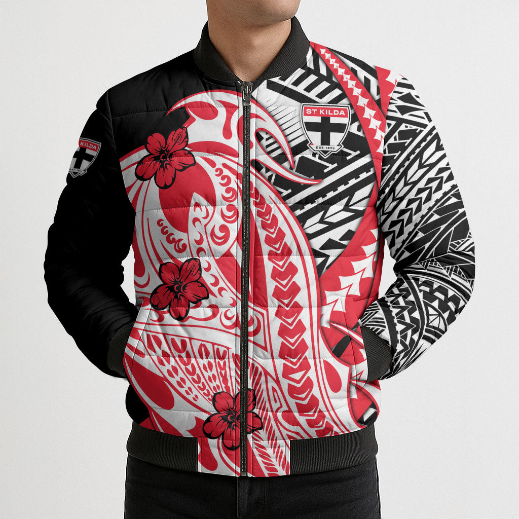 Personalized St Kilda Saints Bomber Puffer Jacket Polynesian Tribal Saint Mascot With Hibiscus Floral Art