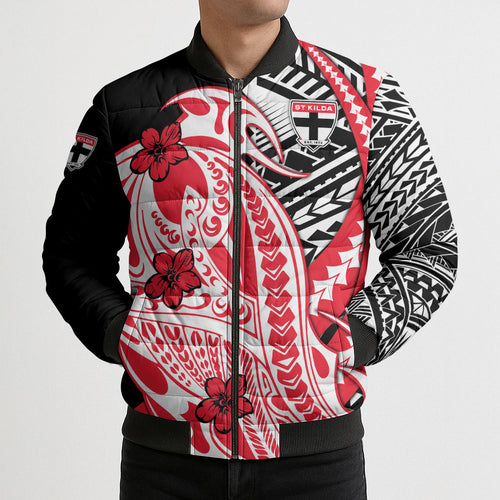 Personalized St Kilda Saints Bomber Puffer Jacket Polynesian Tribal Saint Mascot With Hibiscus Floral Art