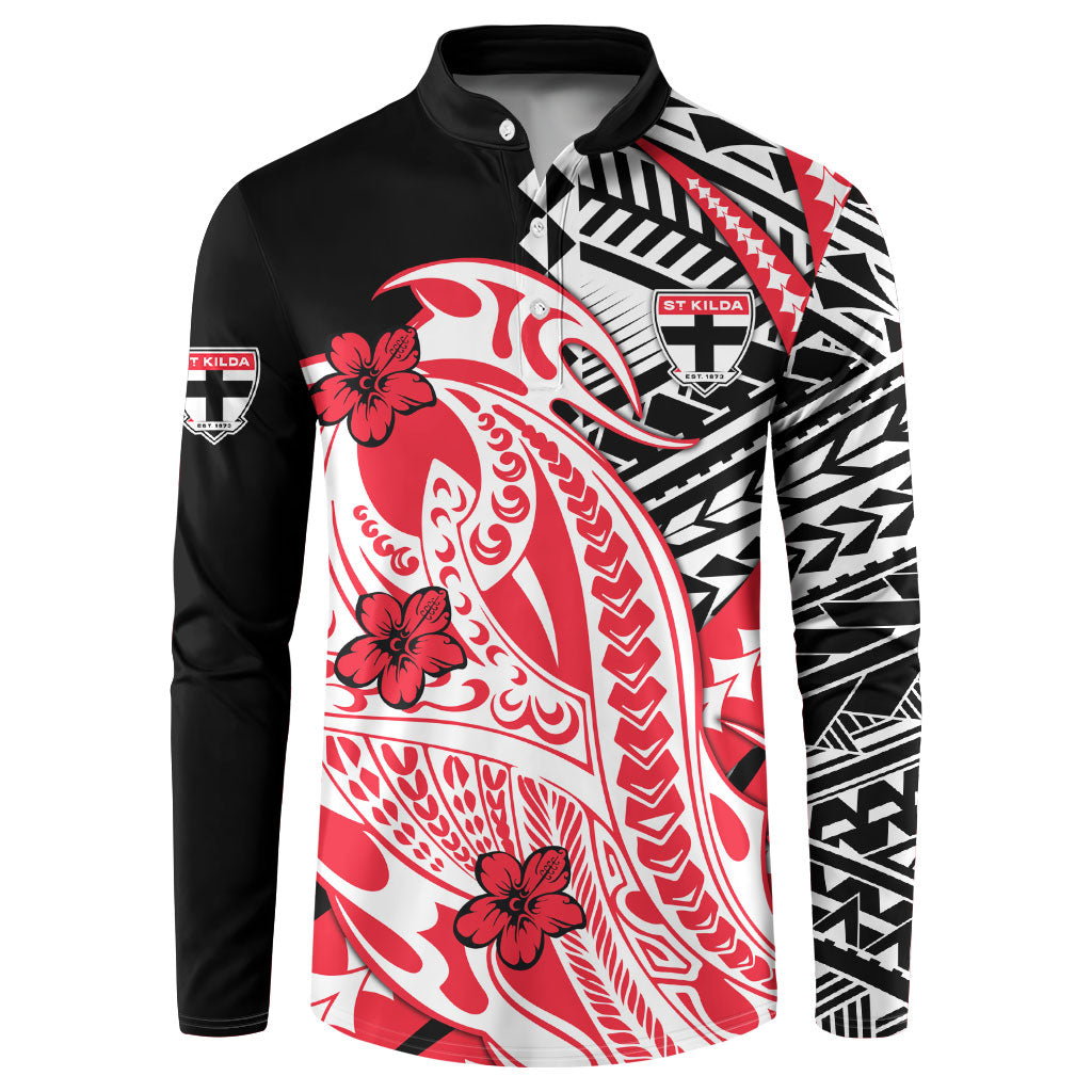 Personalized St Kilda Saints Button Sweatshirt Polynesian Tribal Saint Mascot With Hibiscus Floral Art