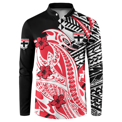 Personalized St Kilda Saints Button Sweatshirt Polynesian Tribal Saint Mascot With Hibiscus Floral Art