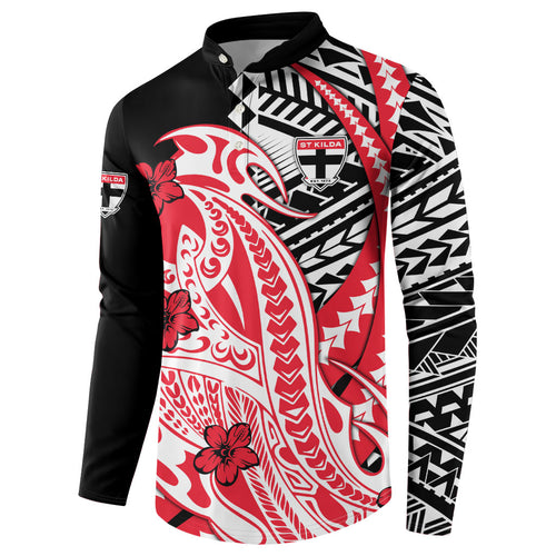 Personalized St Kilda Saints Button Sweatshirt Polynesian Tribal Saint Mascot With Hibiscus Floral Art