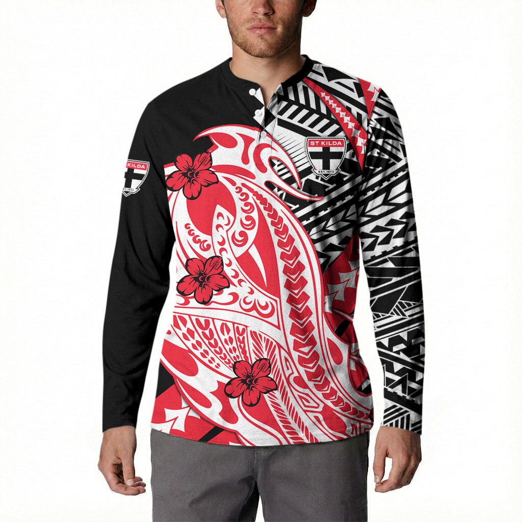 Personalized St Kilda Saints Button Sweatshirt Polynesian Tribal Saint Mascot With Hibiscus Floral Art