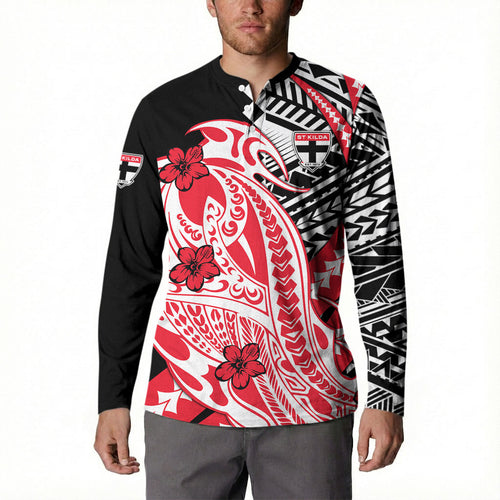 Personalized St Kilda Saints Button Sweatshirt Polynesian Tribal Saint Mascot With Hibiscus Floral Art