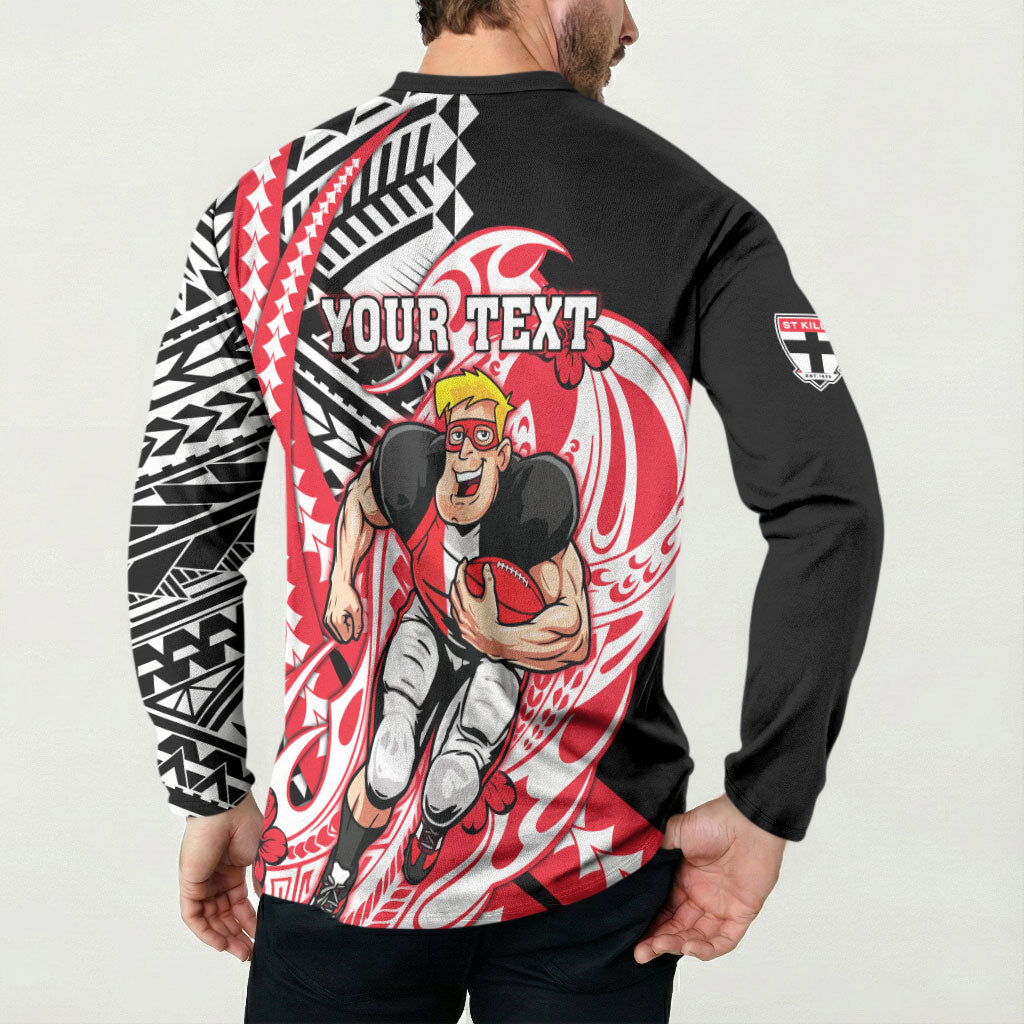 Personalized St Kilda Saints Button Sweatshirt Polynesian Tribal Saint Mascot With Hibiscus Floral Art