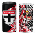 Personalized St Kilda Saints 4 in 1 Can Cooler Tumbler Polynesian Tribal Saint Mascot With Hibiscus Floral Art