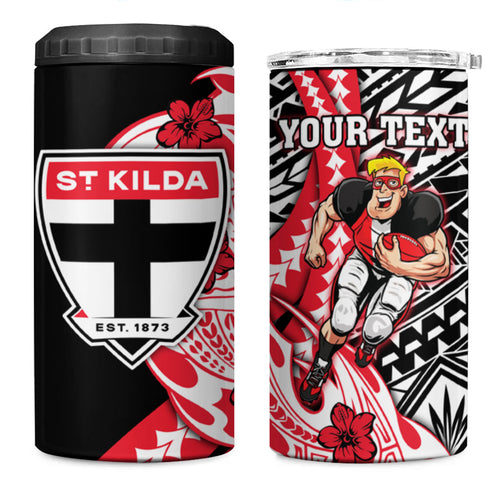 Personalized St Kilda Saints 4 in 1 Can Cooler Tumbler Polynesian Tribal Saint Mascot With Hibiscus Floral Art